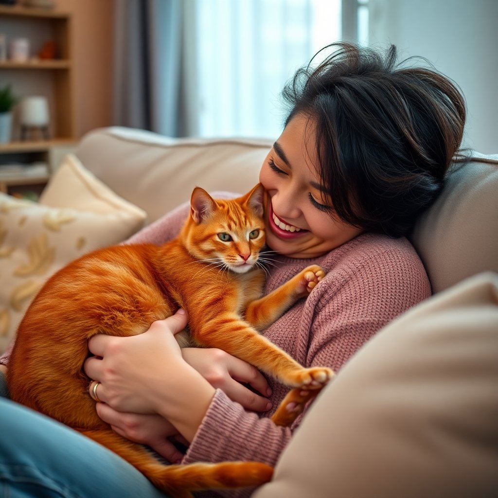 Happy person cuddling with a ginger cat on a cozy sofa, soft indoor lighting, feeling of peace and happiness, professional lifestyle photography