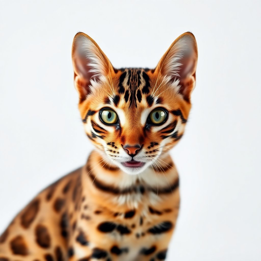 A professional studio portrait of a Bengal cat, exotic leopard-like spots, energetic look, white background, high quality animal photography, sharp focus, 8k
