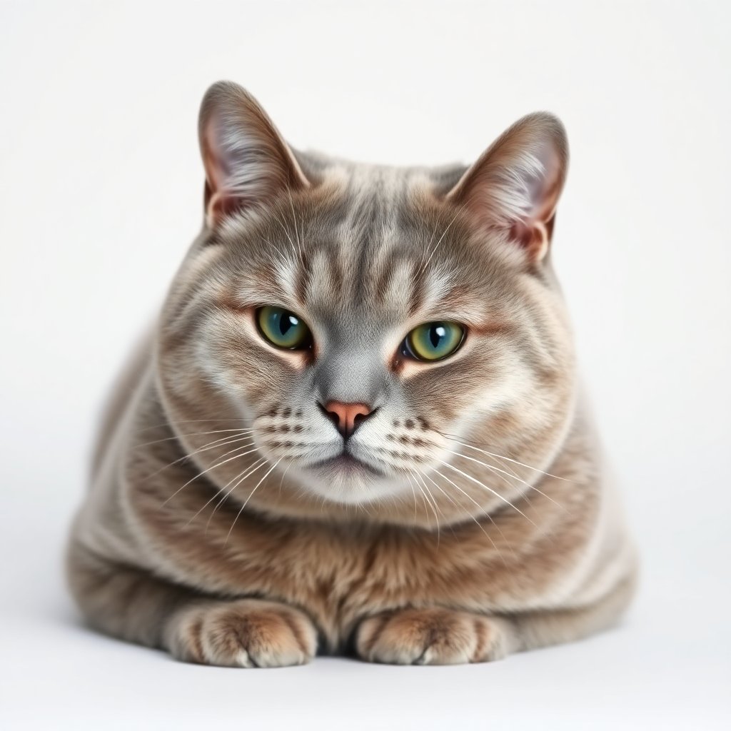 A professional studio portrait of a British Shorthair cat, calm expression, soft grey fur, white background, high quality animal photography, sharp focus, 8k