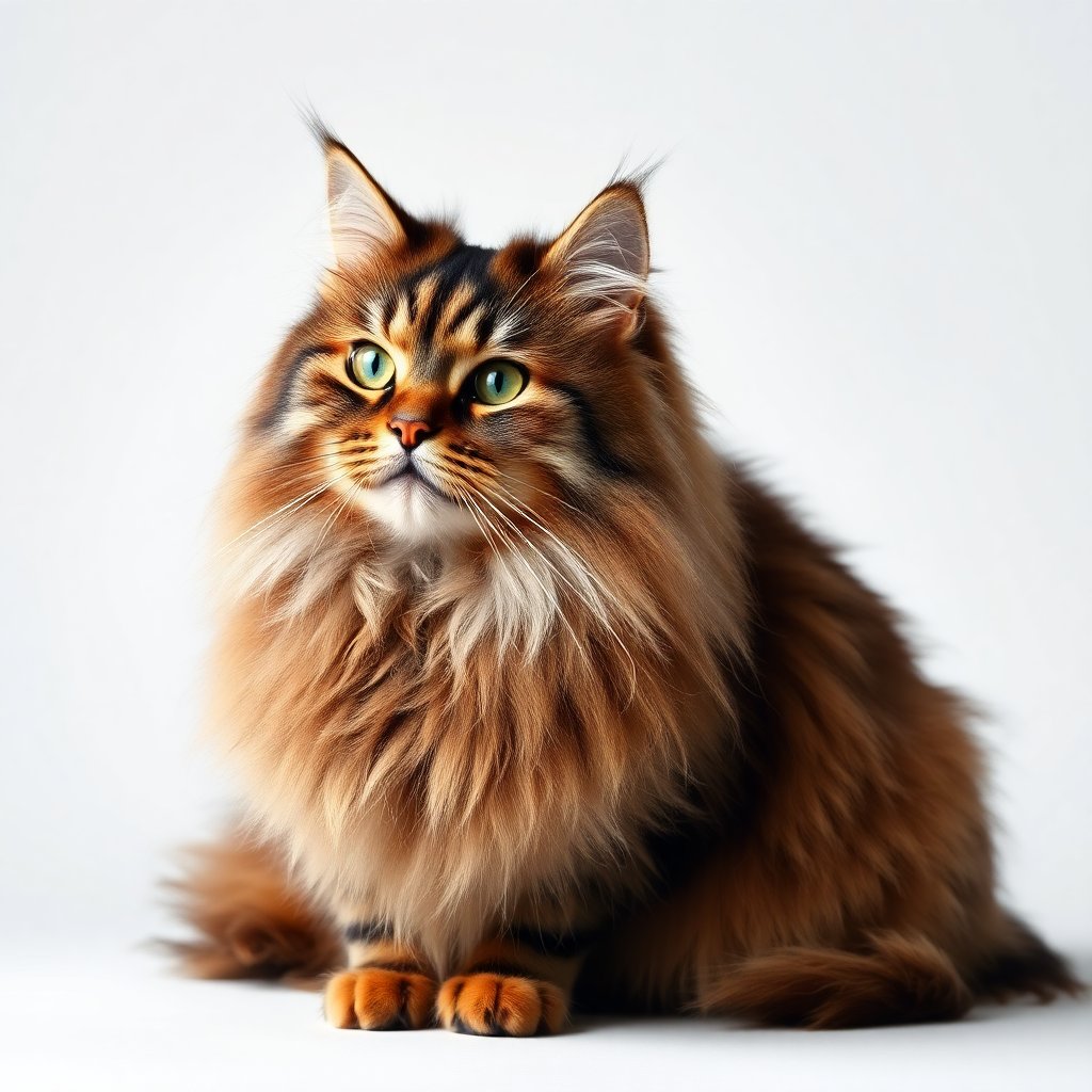 A professional studio portrait of a Maine Coon cat, large size, tufted ears, majestic fur, white background, high quality animal photography, sharp focus, 8k