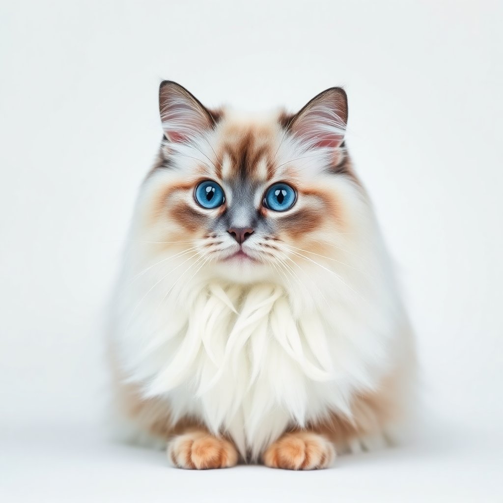 A professional studio portrait of a Ragdoll cat, blue eyes, fluffy white and grey fur, white background, high quality animal photography, sharp focus, 8k